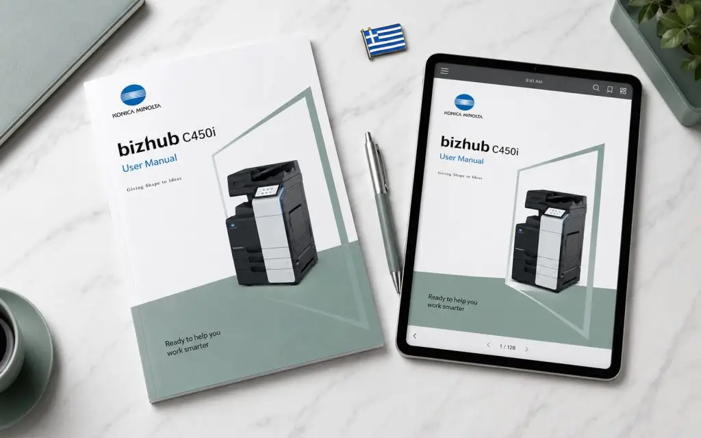 Ελληνικό εγχειρίδιο χρήσης Konica Minolta bizhub σε έντυπο και tablet