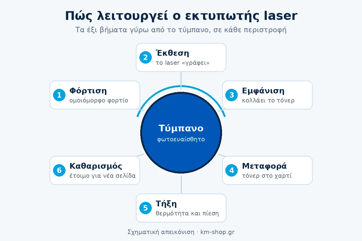 Εκτυπωτής laser σε 6 βήματα: διάγραμμα λειτουργίας με φόρτιση, έκθεση, εμφάνιση τόνερ, μεταφορά, τήξη και καθαρισμό